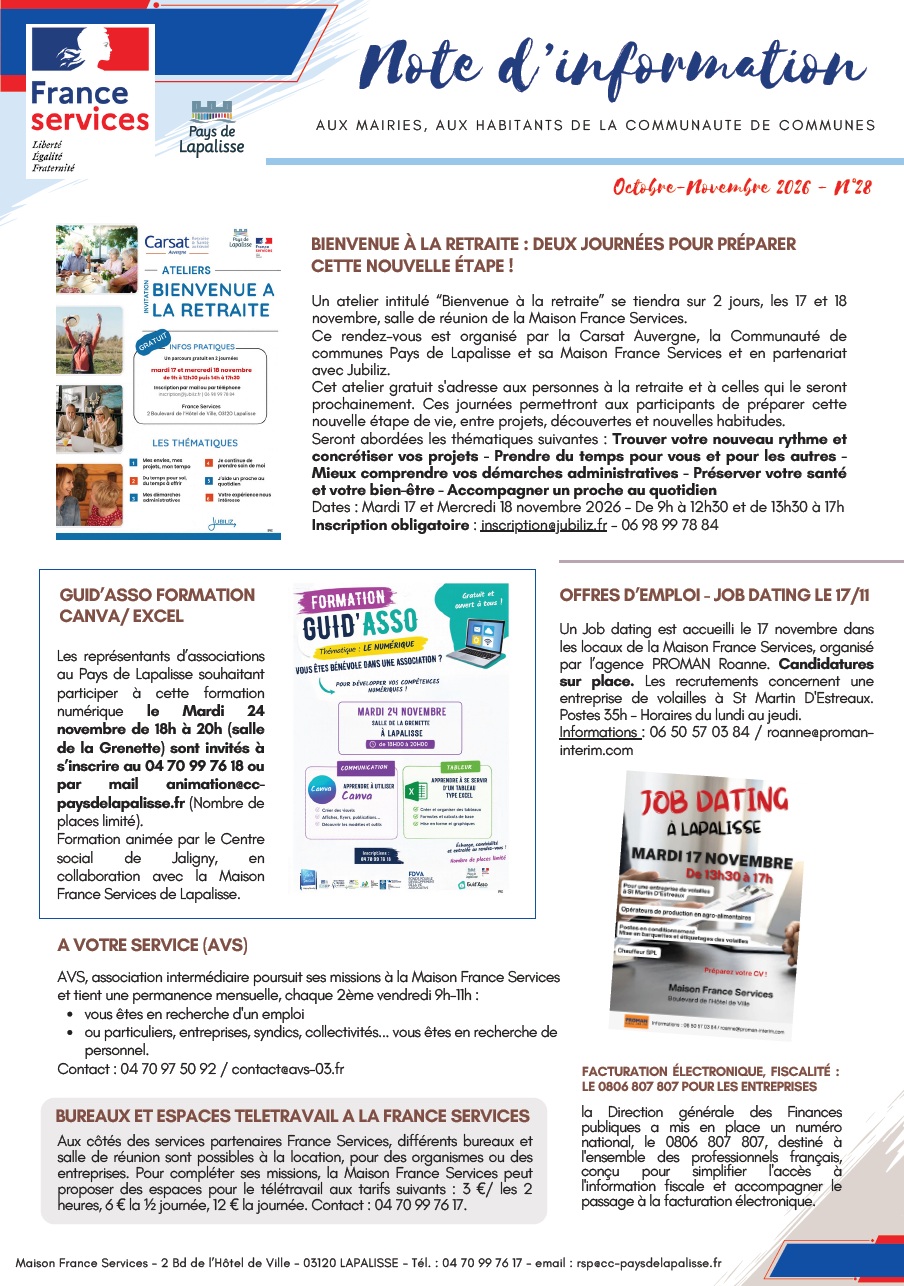 Lettre d'informations 2026 - N°28 Maison France Services Pays de Lapalisse 